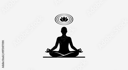 Silhouette of person meditating with lotus symbol above head on white background