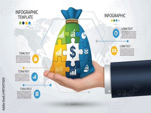Hand holding a jigsaw puzzle money bag representing financial success and investment strategy infographic