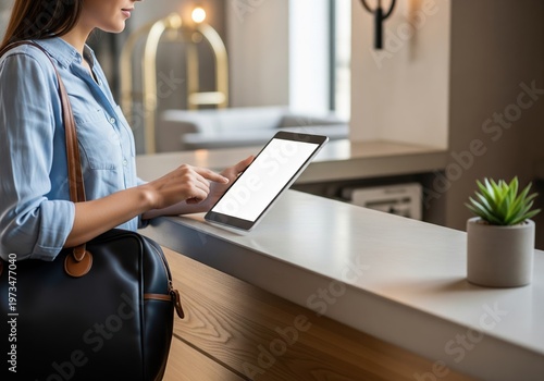 A Person Using A Digital Tablet With A Blank White Screen On A Reception Counter
