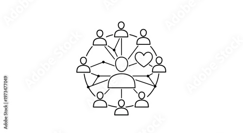 Teamwork and connection: people network around a central figure with a heart icon