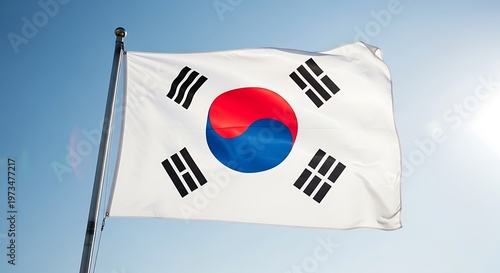 South Korean Flag Waving Proudly Against a Blue Sky.