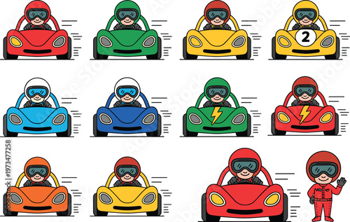 Colorful cartoon race cars with drivers, speed motion illustration set, playful vector racing collection for kids design and creative projects