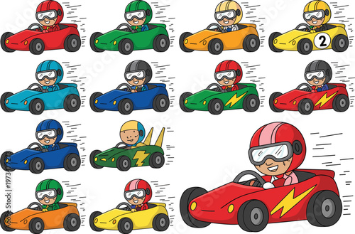 Cartoon racing cars with drivers, colorful speed vehicles illustration set, playful kids race collection vector for fun transport design projects