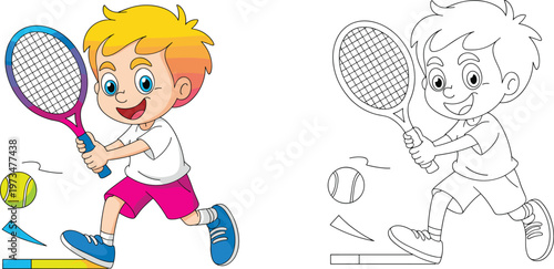 Happy cartoon boy playing tennis with racket and ball, colorful and outline version, kids activity illustration isolated on white background