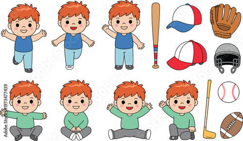 Cute cartoon kids with baseball equipment, playful children characters poses illustration set, colorful sports elements vector collection for education design