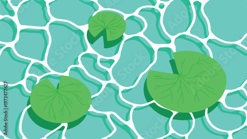 Green lily pads float on a serene Background water surface