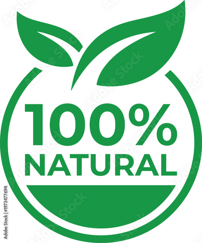 100 Natural green badge with leaves a flat vector design for organic food packaging and eco-friendly product labels