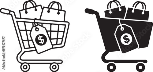 Shopping cart icons filled with shopping bags and price tags with dollar signs, representing online shopping, retail, and commerce