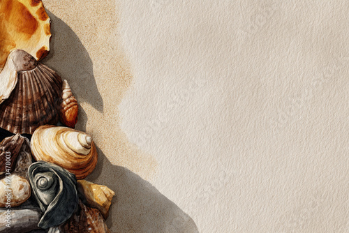 A collection of seashells on the sand in soft light. Space for text.