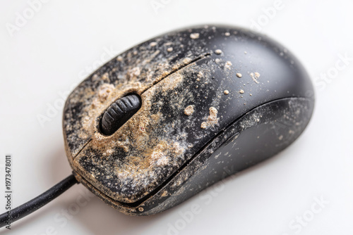 Dirty computer mouse close-up, covered in sand.