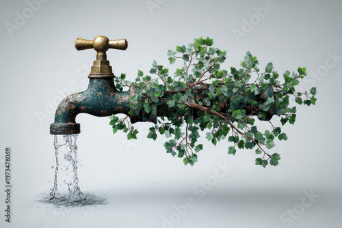A faucet from which leaves grow instead of water is a metaphor for saving resources.