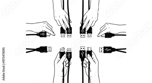 Hands Connecting Various USB Cables.