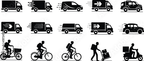 Delivery logistics silhouettes, transportation icons, courier pictograms, bicycle rider, scooter delivery, truck van car vector set for shipping design