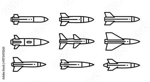 Set of nine minimalist rocket icon designs in outline.