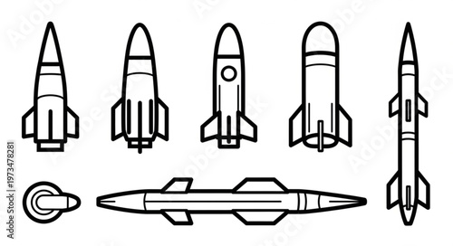Set of seven schematic missile and rocket icons.