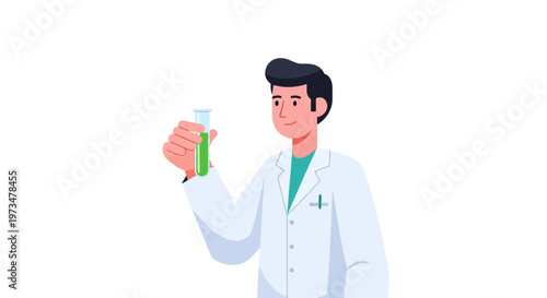 Man in lab coat holding beaker.