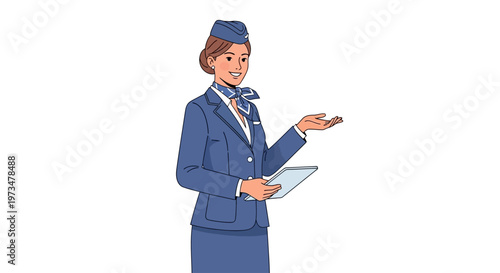 Female flight attendant in blue uniform.