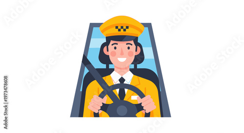Smiling woman wearing yellow uniform driving.