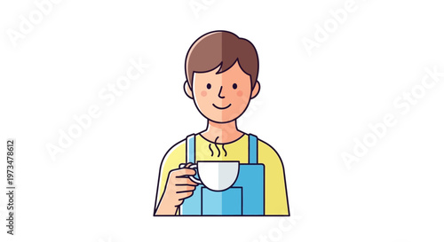 Cartoon boy holding a coffee cup.