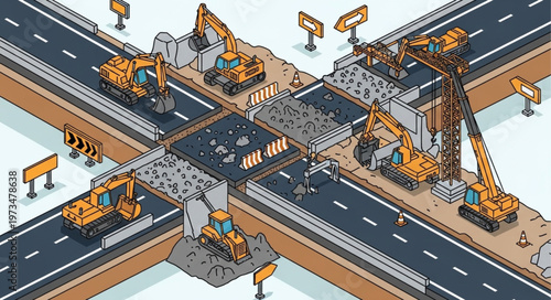 Road construction machinery at urban intersection works.