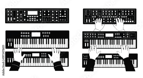 Hands playing electronic keyboard instruments.