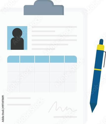 Clipboard with personal identity document and pen. Flat vector illustration of an application form with ID photo, data table, and signature for recruitment, registration, or medical records.