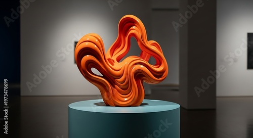Abstract Orange Sculpture on Teal Pedestal.