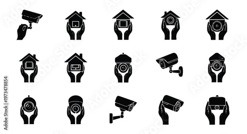 Black security camera icons set.