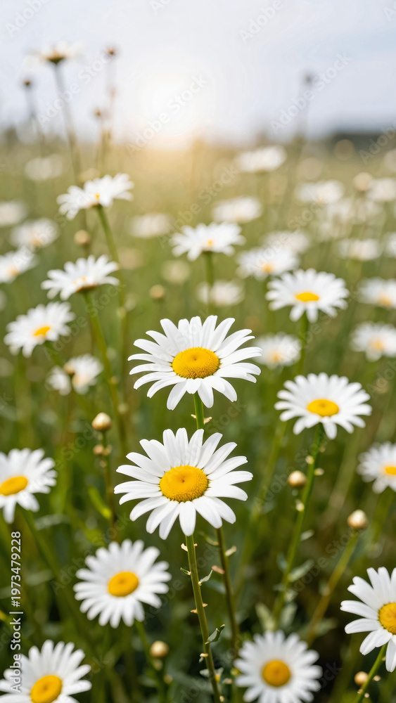 Fototapeta premium A sea of daisies fills a lush meadow with an abundance of white petals and bright yellow centers