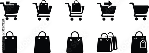 Shopping cart silhouettes, e‑commerce icons, retail bag vector set, checkout pictograms, online shopping design illustration for digital marketplace