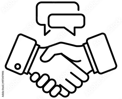 Business partnership handshake with chat bubbles symbolizing agreement and communication