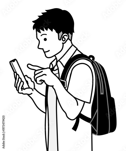 Side view young man checking smartphone with index finger hovering before tap, backpack, short-sleeved, line art