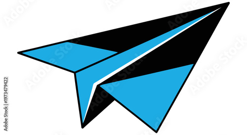 Blue and black paper airplane soaring through air
