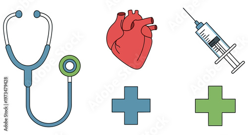 Medical icons including stethoscope heart syringe and crosses for healthcare