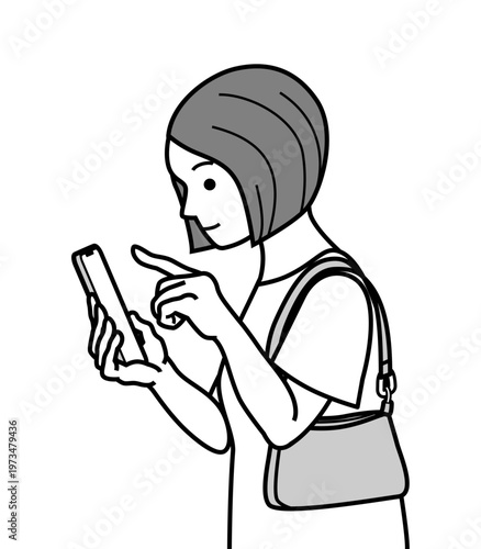 Side view young woman checking smartphone with finger hovering before tapping, shoulder bag, line art