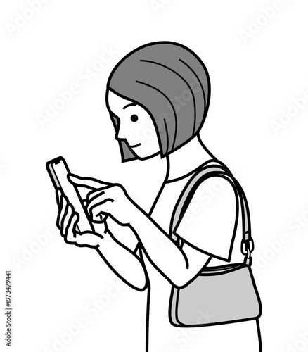 Side view young woman tapping smartphone screen with index finger, interaction, shoulder bag, line art