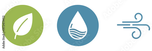 Environmental icons representing earth, water, and air conservation