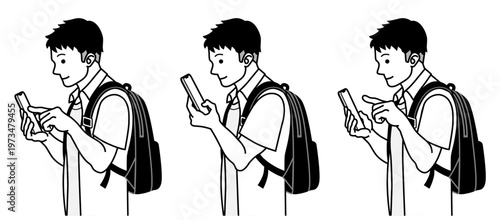 Set of young man using smartphone in three actions, one hand use, before tap and tapping, side view, backpack, line art