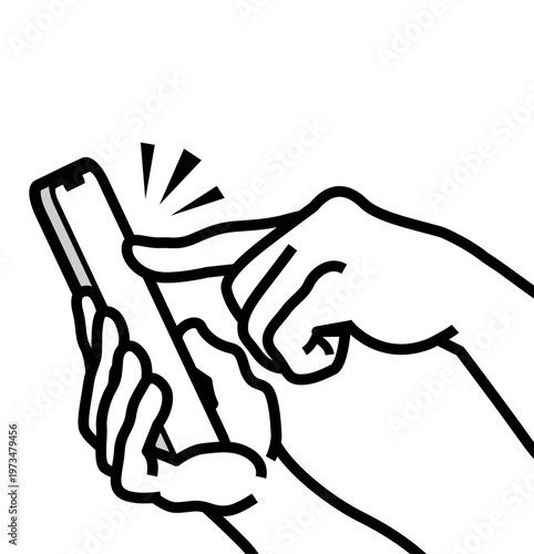 Close-up of hands using smartphone with index finger tapping smartphone screen, line art