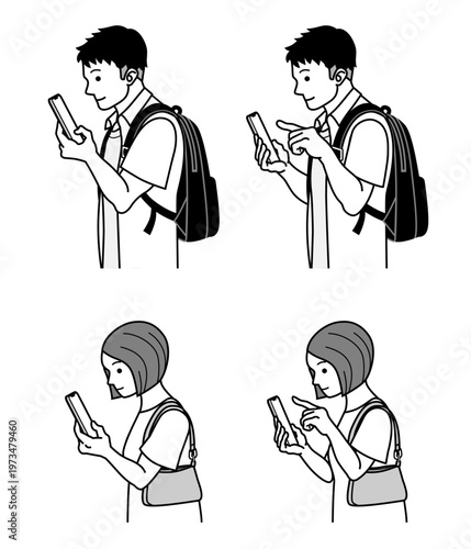 Set of men and women using smartphone, one hand and pre-tap actions, side view, casual outfit, line art