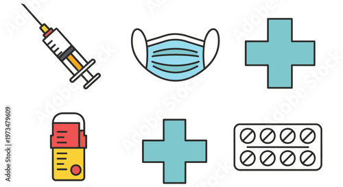 Medical icons including syringe, face mask, pills, and crosses