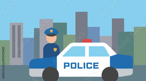 Police officer standing beside a police car.