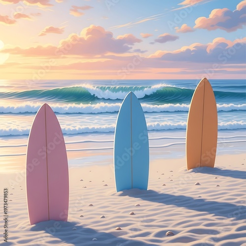 Three surfboards on the beach at sunset.