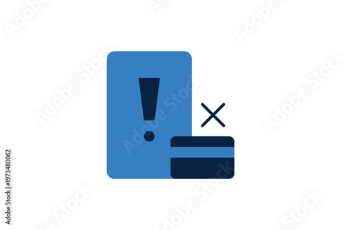 Warning sign and a credit card with a cross icon indicating a declined transaction or error. Useful Vector Illustration for user interface feedback and banking alerts.