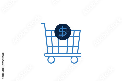 Shopping cart with a dollar coin inside representing e-commerce and retail purchasing. This Vector Illustration is a staple for online stores and digital marketing.