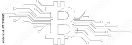 Bitcoin Technology Network Line Art Vector Illustration, Cryptocurrency Digital Blockchain Concept Minimal Outline Design