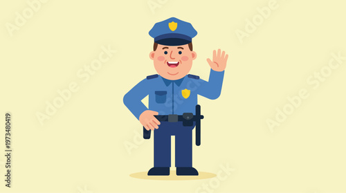 A cartoon illustration of a smiling police officer waving.