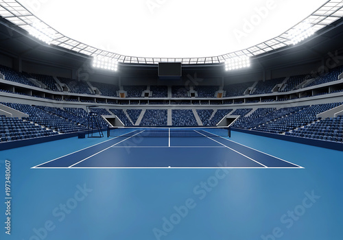 Modern indoor tennis court in a large professional stadium setting