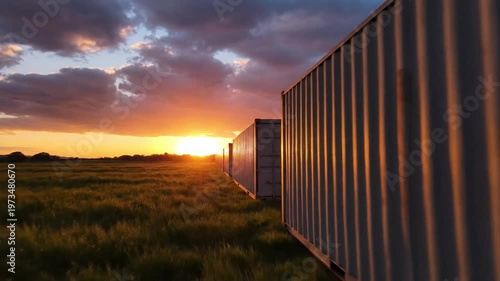 Wallpaper Mural Shipping Containers Lined Up in a Field at Sunset with Dramatic Clouds cargo containers freight containers Torontodigital.ca