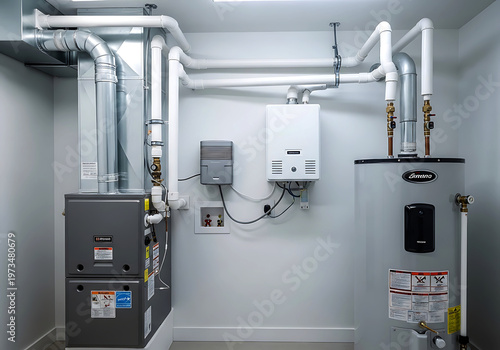 Modern residential hvac system with furnace and water heater setup